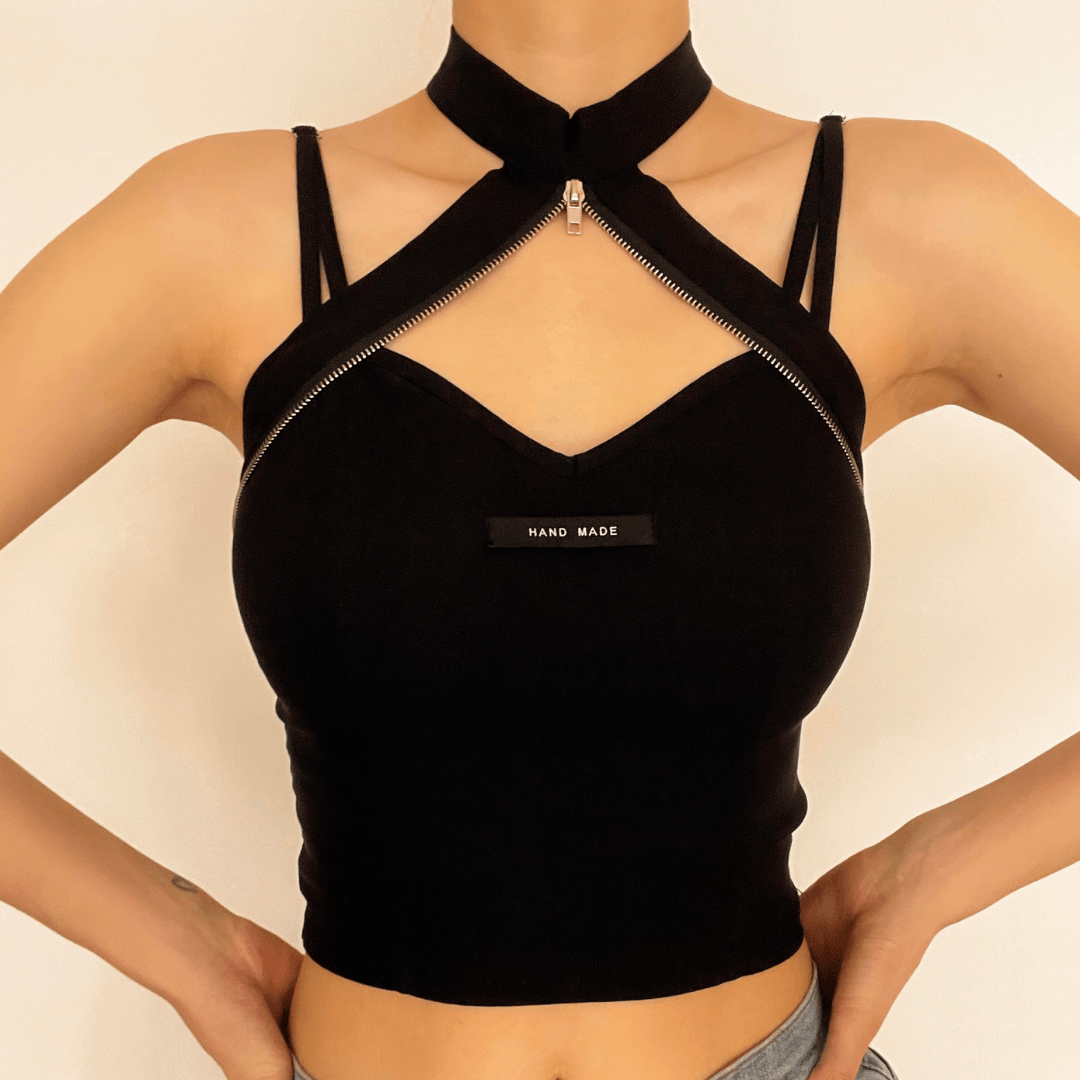 Heart neck zip halter crop top