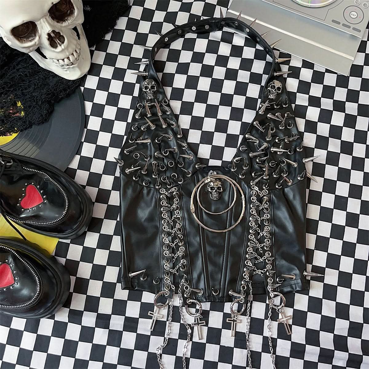 Halter PU leather o ring rivet applique metal chain top