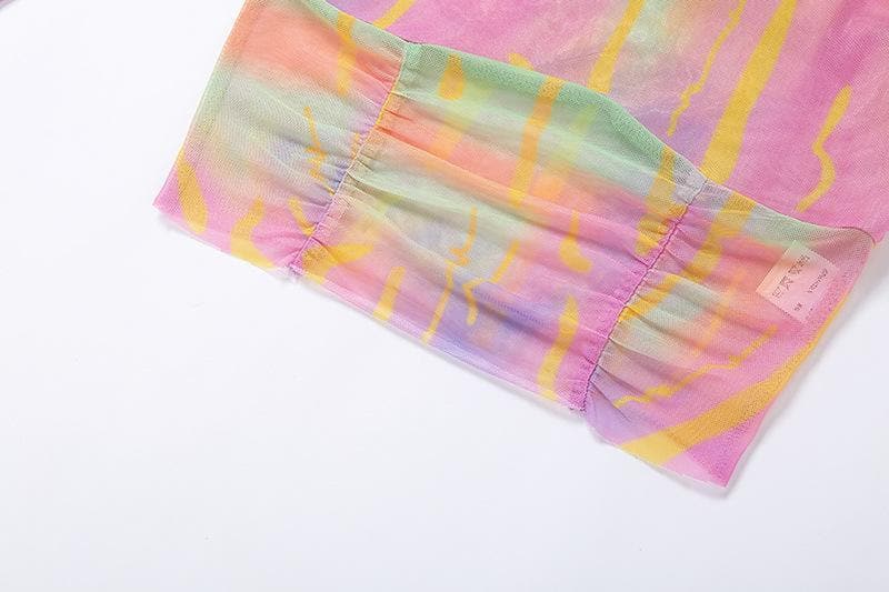 Long sleeve ruffled hollow out mesh cut out top