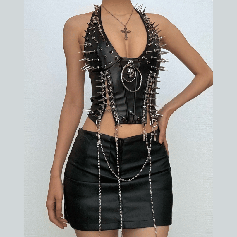 Halter PU leather o ring rivet applique metal chain top
