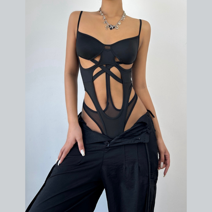 Hollow out mesh cami bodysuit