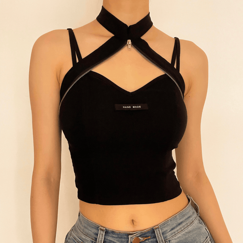 Heart neck zip halter crop top