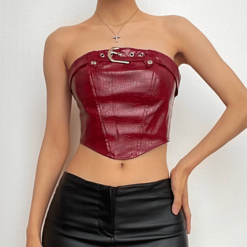 PU leather buckle backless zip-up crop tube top