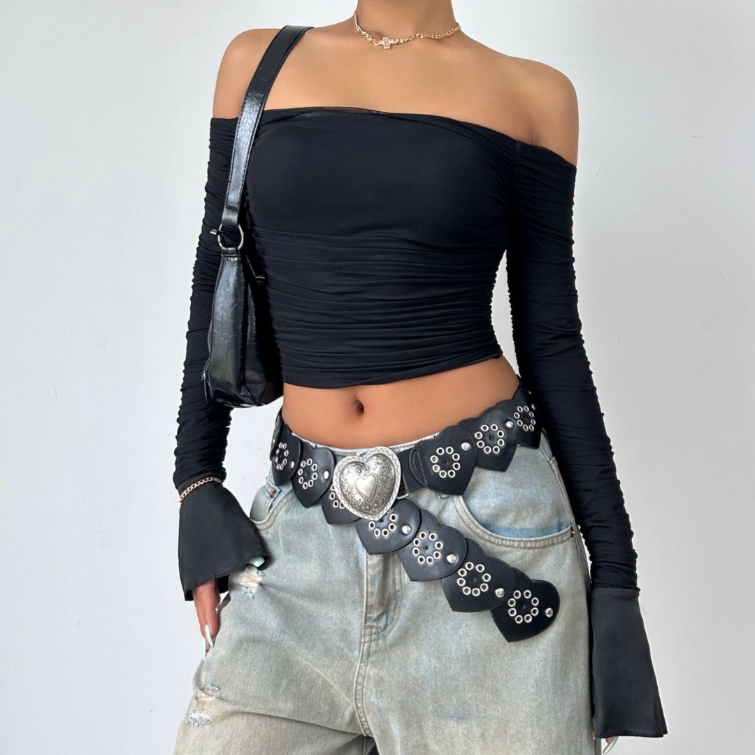 Double layered mesh off shoulder ruched long sleeve solid crop top