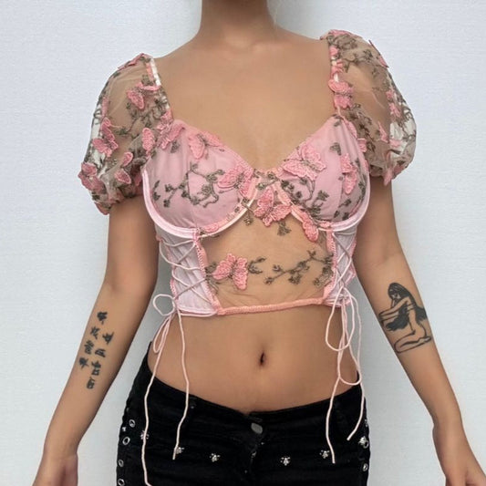 Butterfly embroidery drawstring mesh lace up bustier crop top