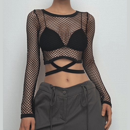Round neck long sleeve tie back fishnet top