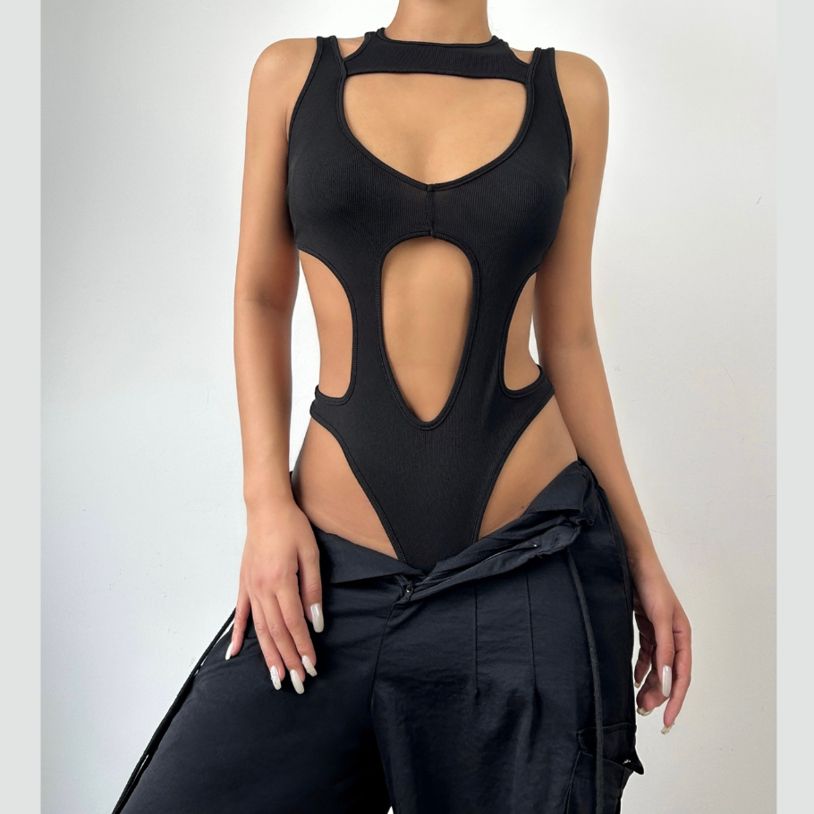 Hollow out sleeveless backless solid bodysuit