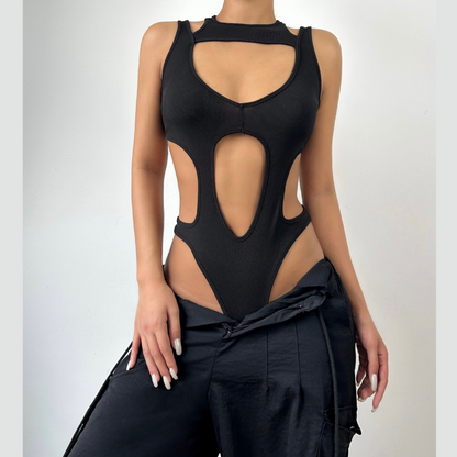 Hollow out sleeveless backless solid bodysuit