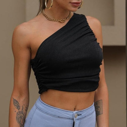 Halibuy Double-layered sleeveless one shoulder ruched top