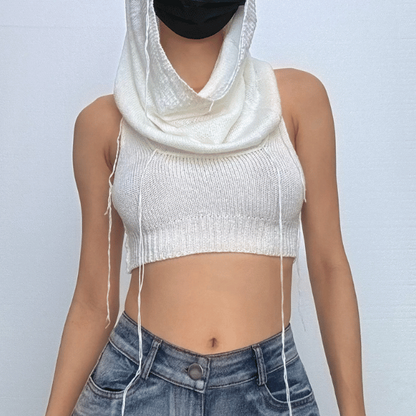 Solid sleeveless knitted stitch hoodie crop top
