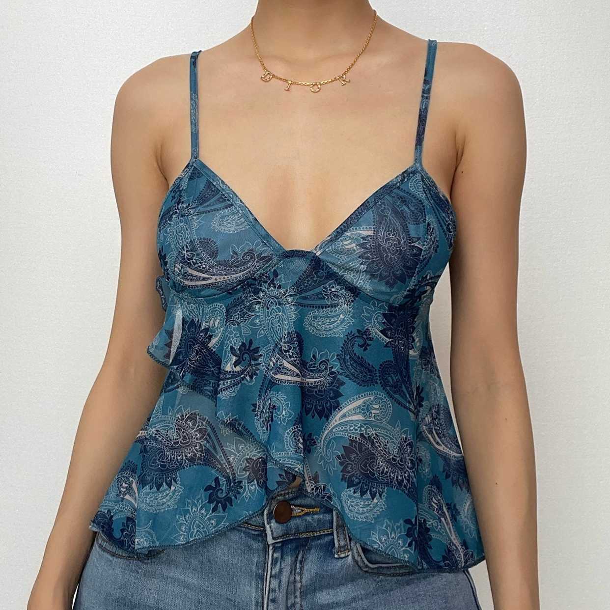 Sheer mesh see through v neck ruffle backless cami crop top