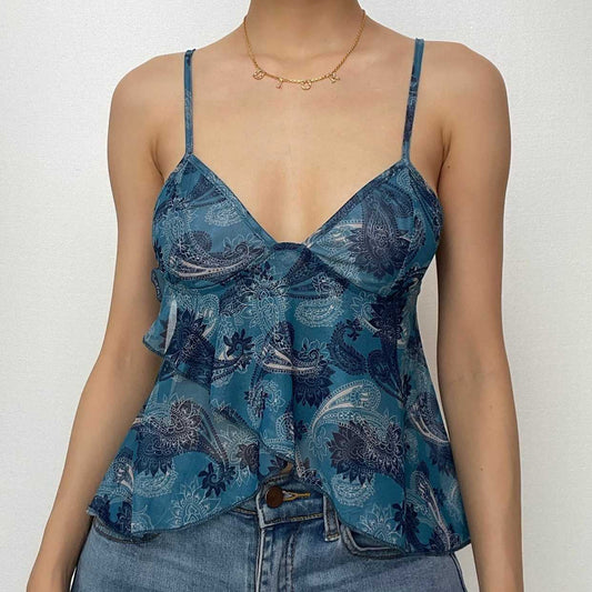 Sheer mesh see through v neck ruffle backless cami crop top