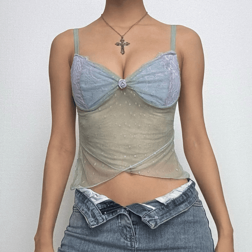 Hem lace mesh see through contrast cami top