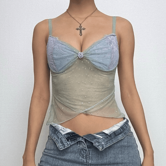 Hem lace mesh see through contrast cami top