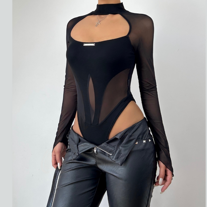 Hollow out mesh patchwork long sleeve contrast bodysuit