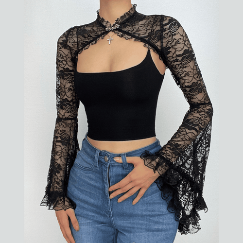 Solid flared sleeve lace hem button hollow out shrug cut out top