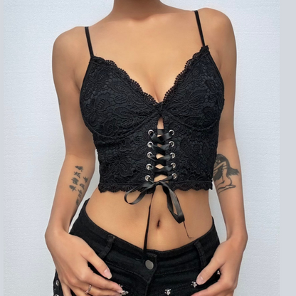 V neck heart neck solid lace up zip-up lace hem cami top