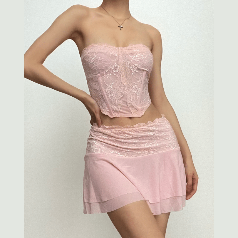 Mesh solid sleeveless backless lace hem tube top skirt set