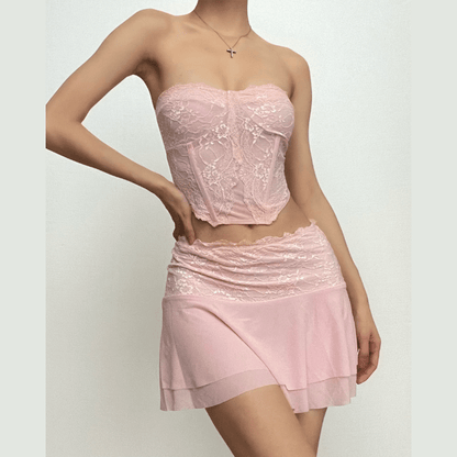 Mesh solid sleeveless backless lace hem tube top skirt set