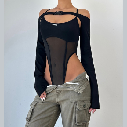 Buckle mesh off shoulder long sleeve solid shrug 2 piece bodysuit