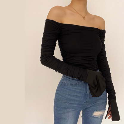 Double layered mesh off shoulder ruched long sleeve solid crop top