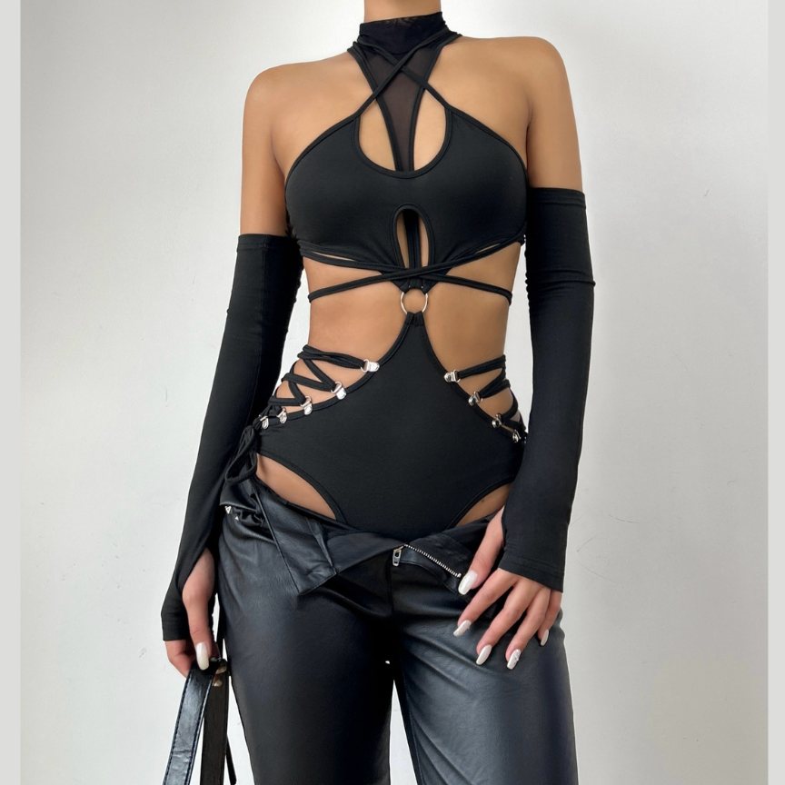 High neck o ring hollow out lace up gloves bodysuit