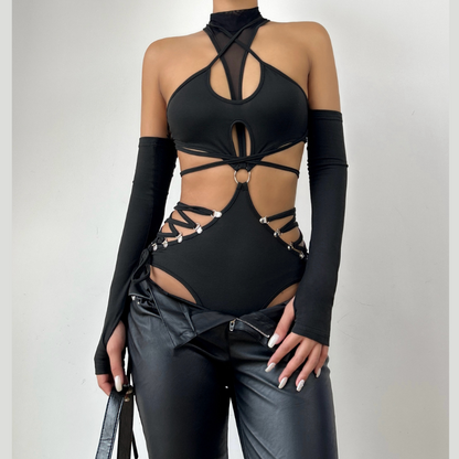 High neck o ring hollow out lace up gloves bodysuit