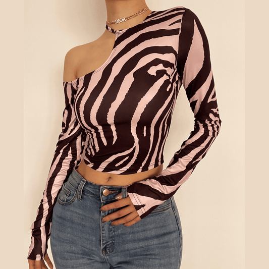 Long sleeve off shoulder zebra print crop top