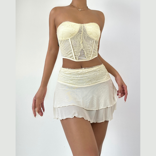 Mesh solid sleeveless backless lace hem tube top skirt set