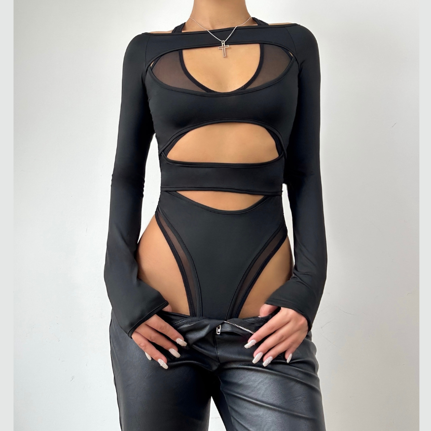 Hollow out solid long sleeve off shoulder mesh bodysuit