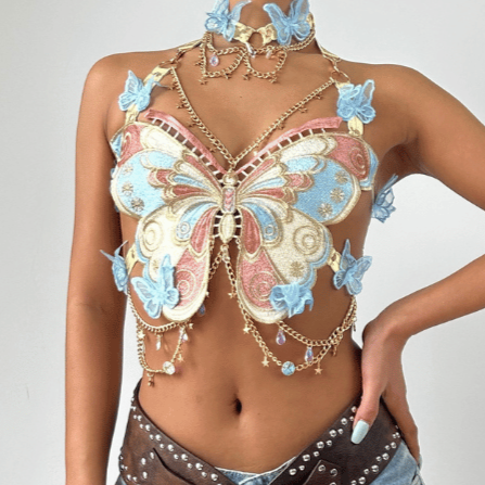Butterfly embroidery metal chain halter top with choker