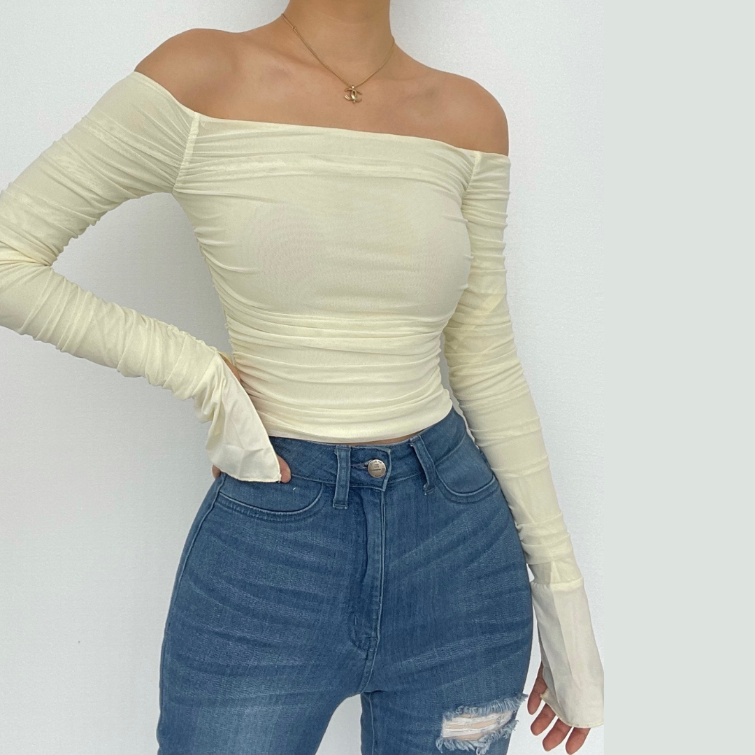 Double layered mesh off shoulder ruched long sleeve solid crop top