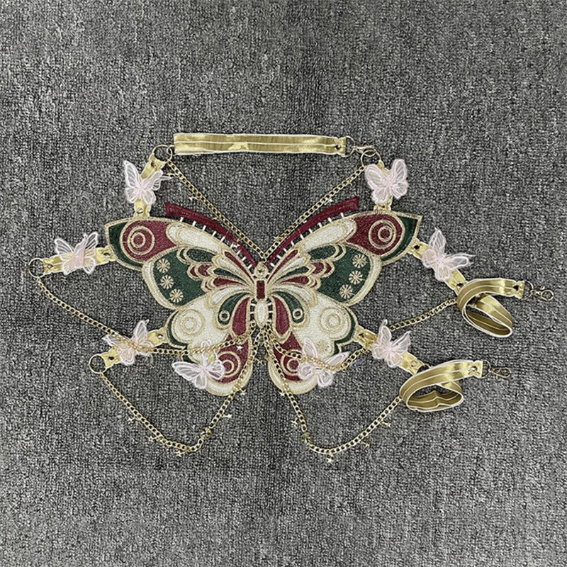 Butterfly embroidery metal chain halter top with choker