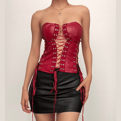 Lace up zip-up PU leather solid corset tube top