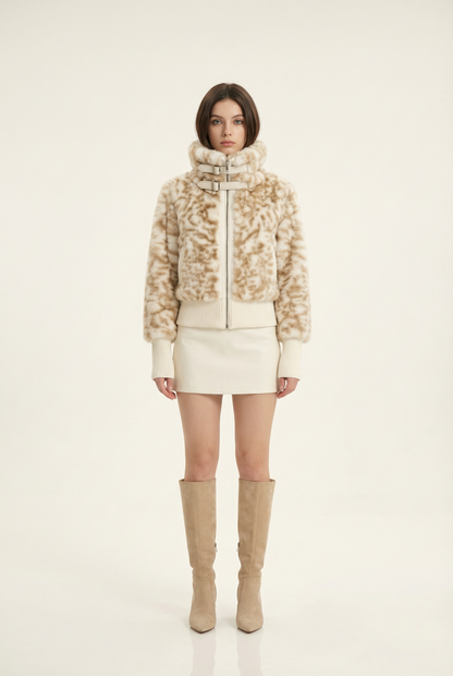 Julie Short Jacket with Stand Collar – Beige &amp; Brown