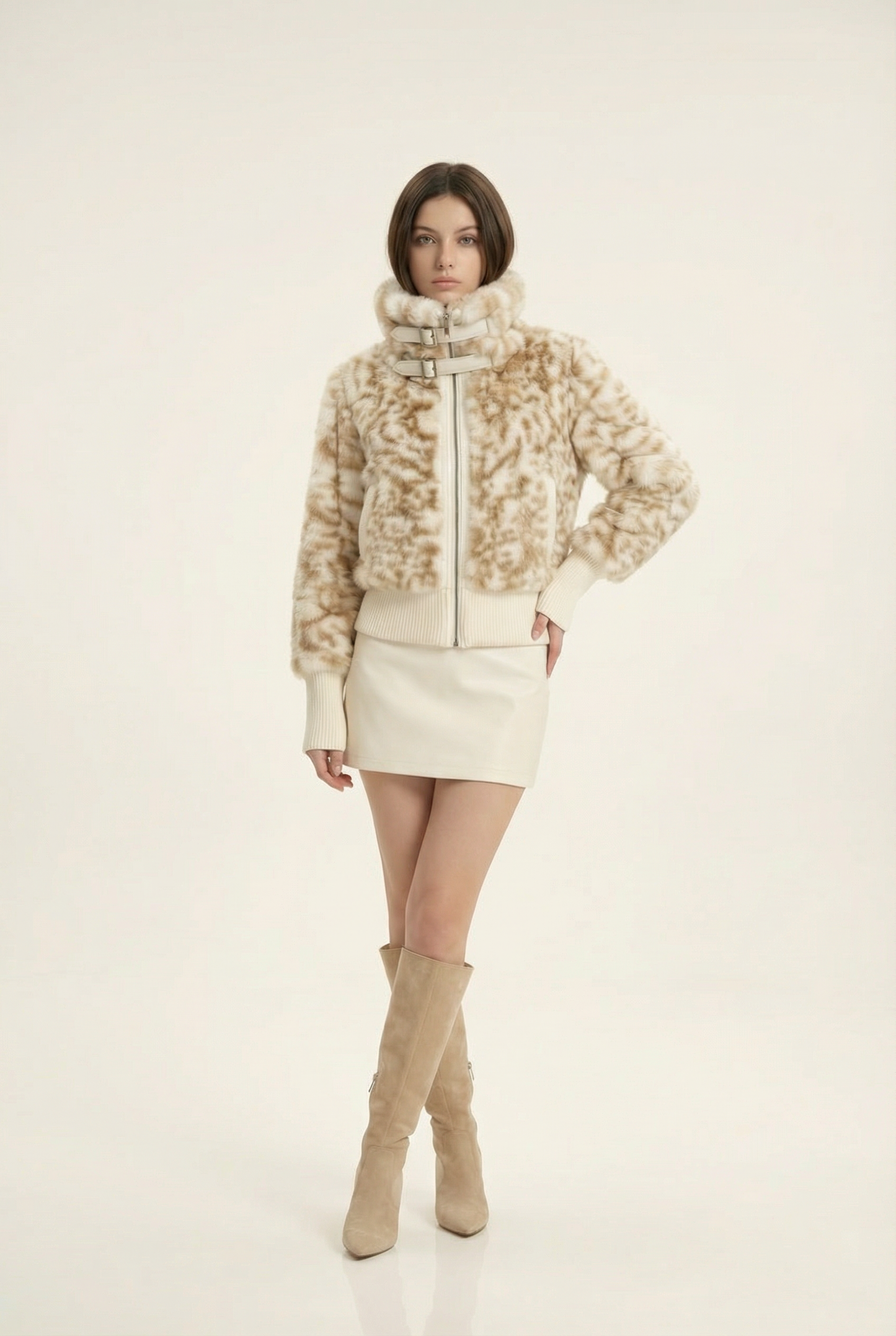 Julie Short Jacket with Stand Collar – Beige &amp; Brown