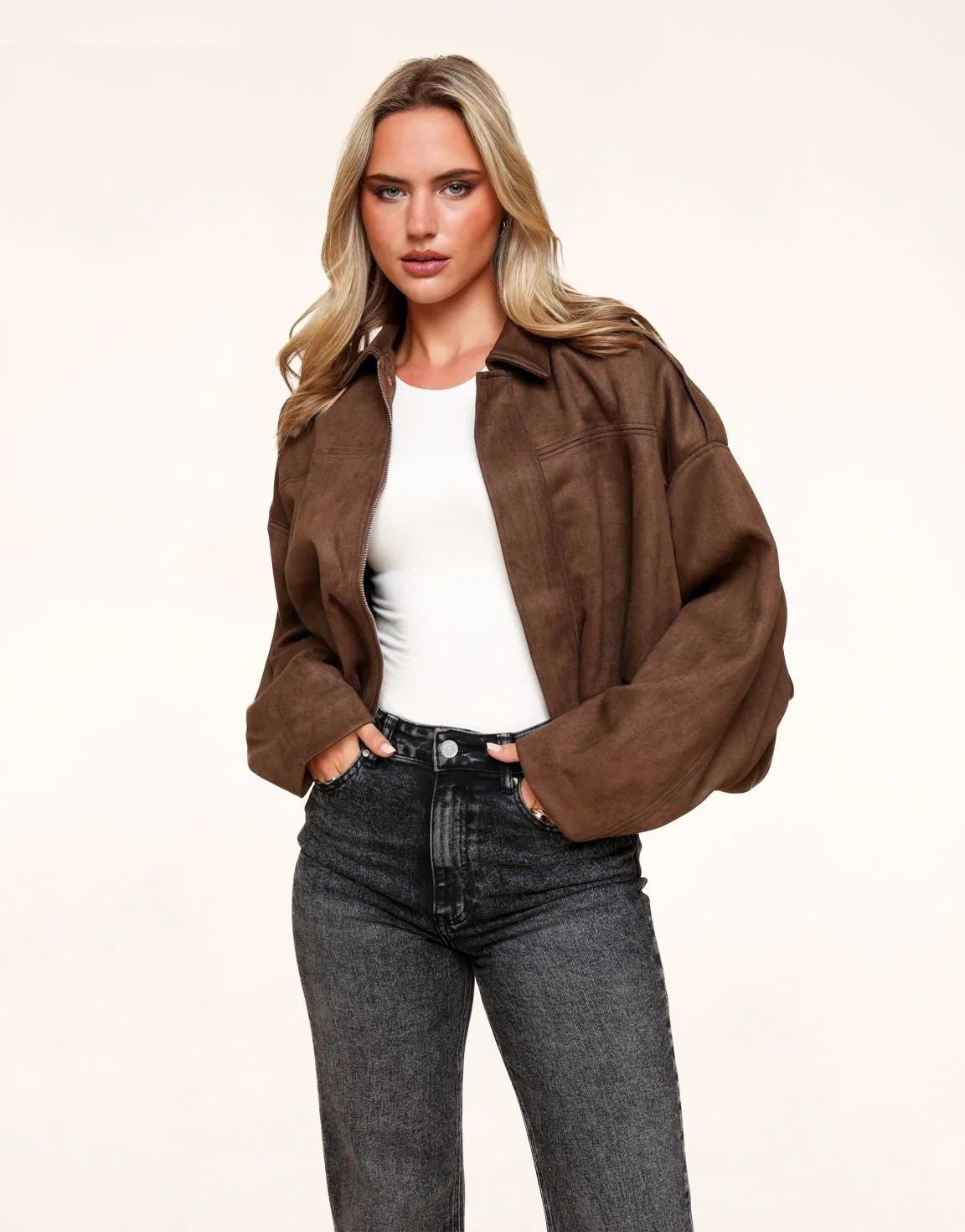 Dark Brown Suede Bomber Jacket