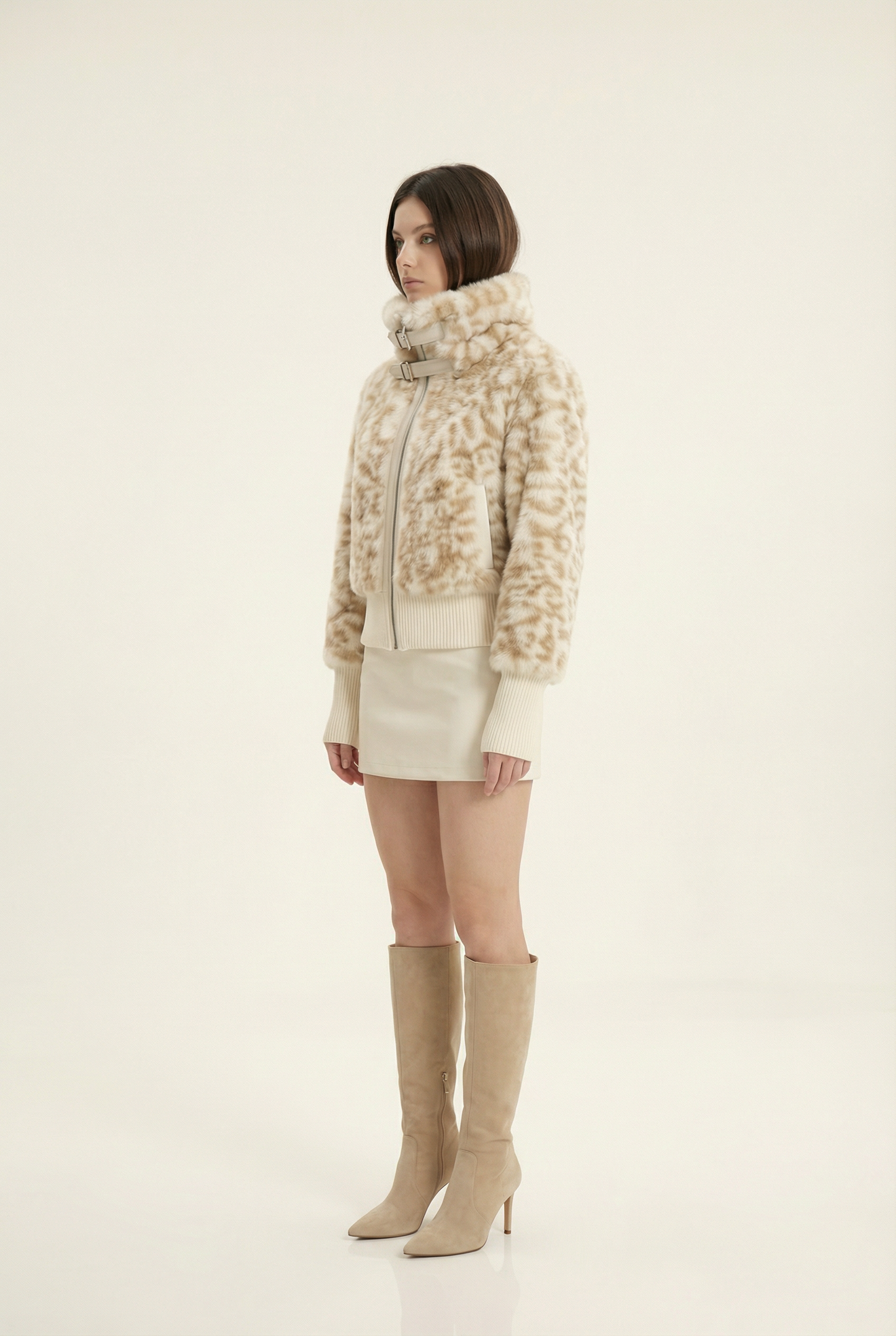 Julie Short Jacket with Stand Collar – Beige &amp; Brown