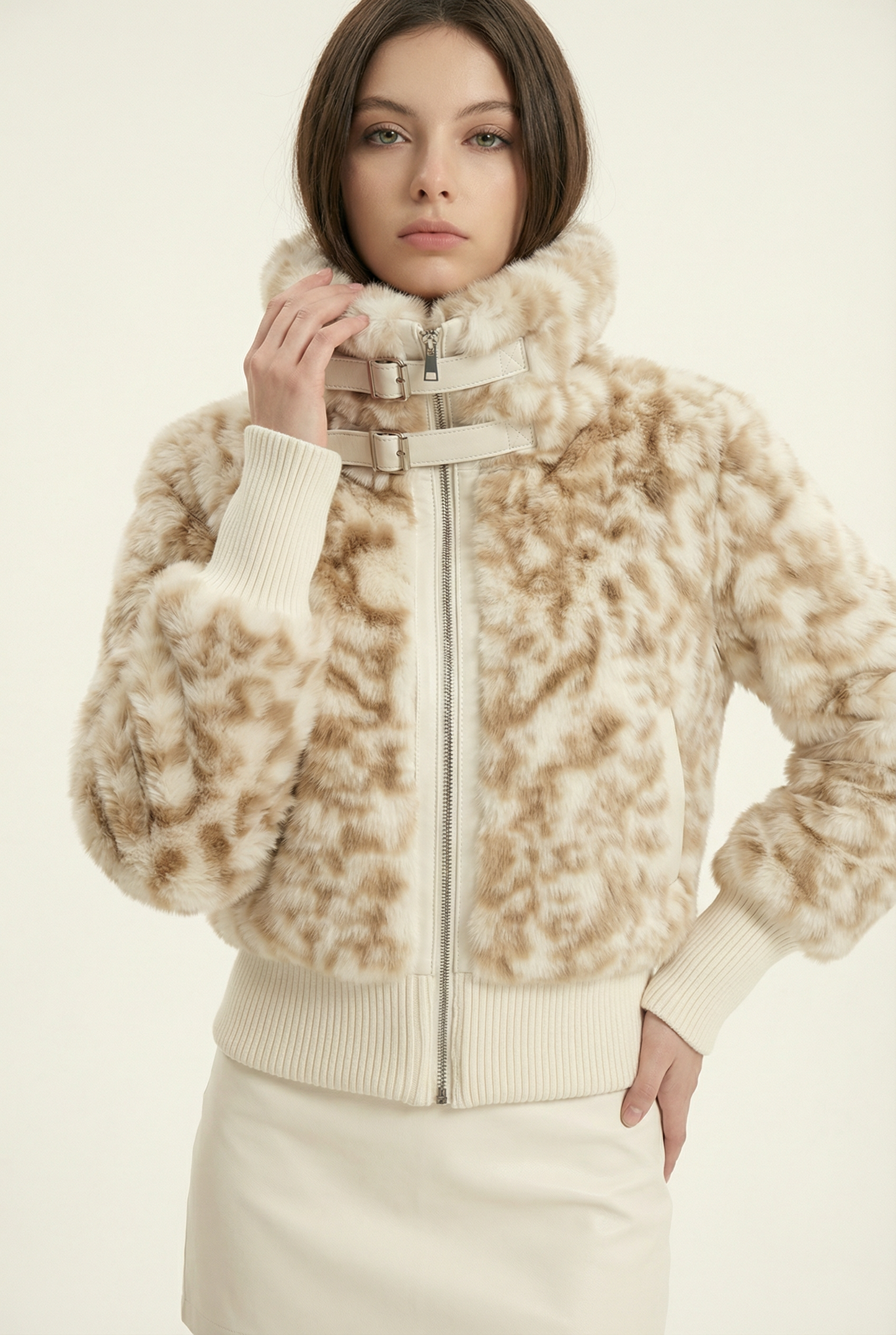 Julie Short Jacket with Stand Collar – Beige &amp; Brown