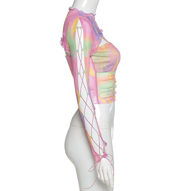 Long sleeve ruffled hollow out mesh cut out top