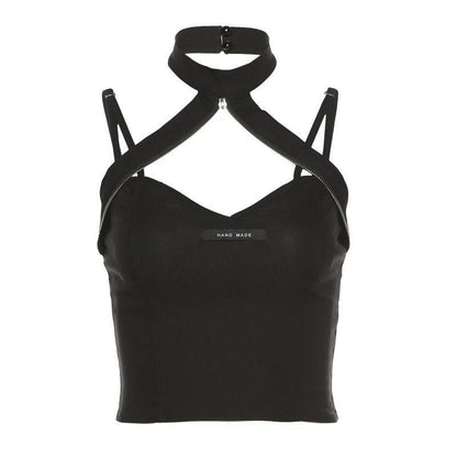 Heart neck zip halter crop top