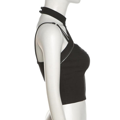 Heart neck zip halter crop top