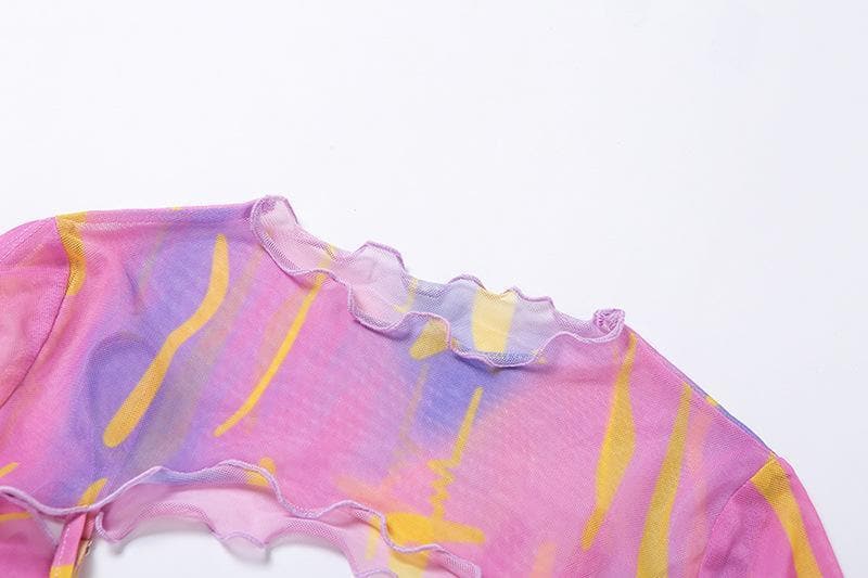 Long sleeve ruffled hollow out mesh cut out top