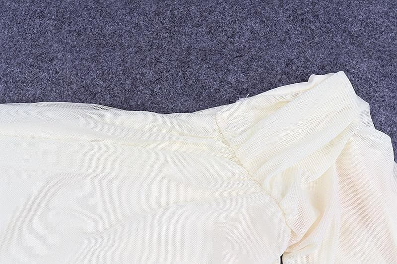 Double layered mesh off shoulder ruched long sleeve solid crop top