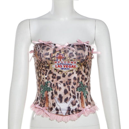 Bowknot leopard print lace hem backless tube top