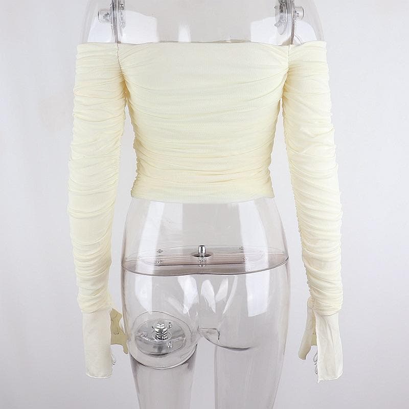 Double layered mesh off shoulder ruched long sleeve solid crop top