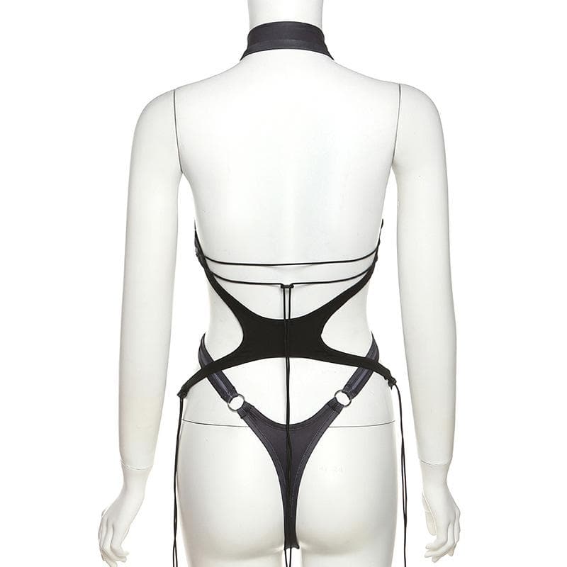 Sleeveless hollow out contrast print halter backless bodysuit