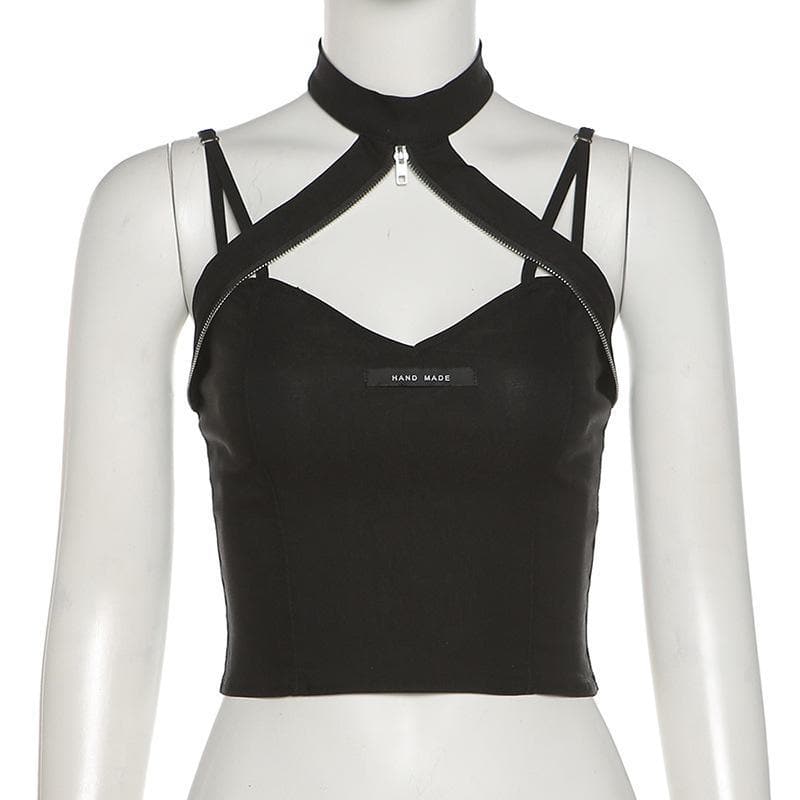 Heart neck zip halter crop top