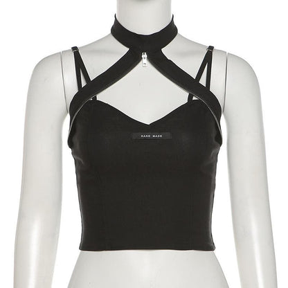 Heart neck zip halter crop top
