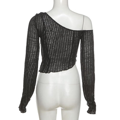 Long sleeve one off shoulder see through ruffled top